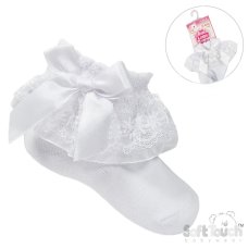 S115-W: White Lace Socks w/Flower Trim & Bow (NB-18 Months)